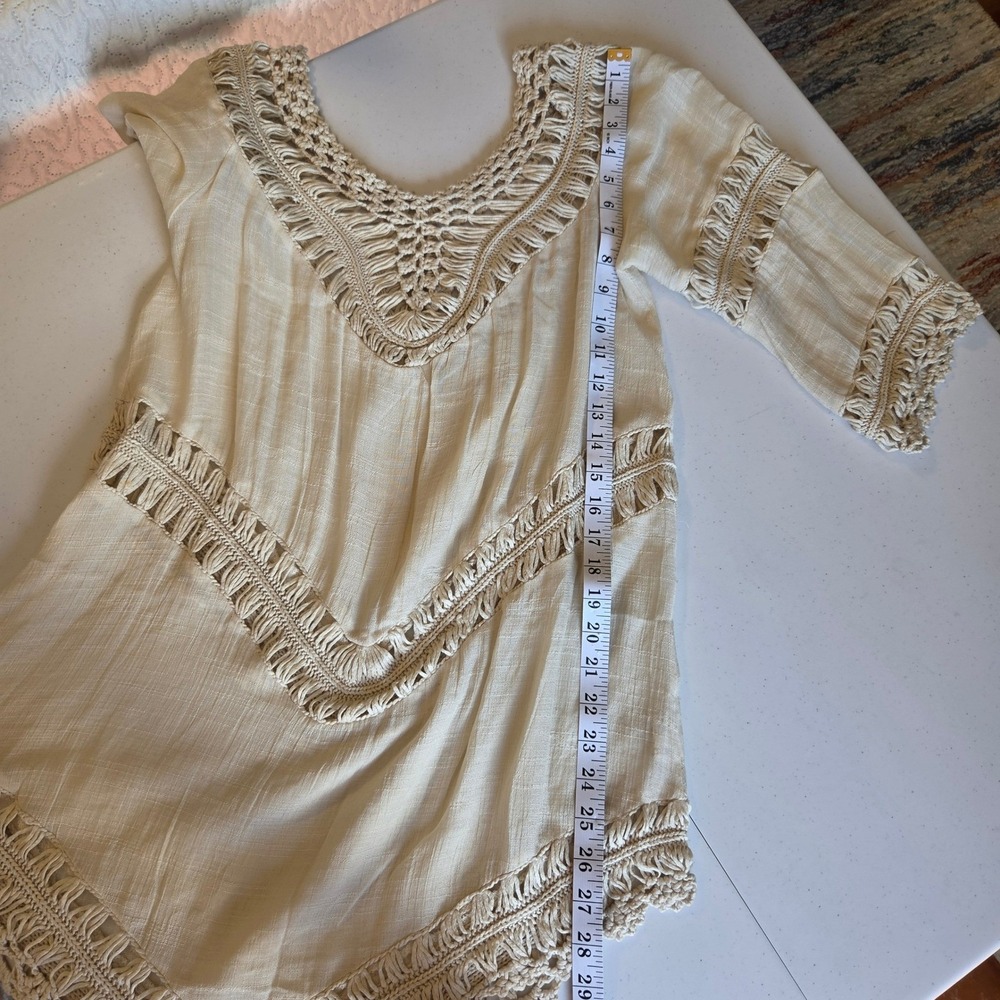 Ivory Crochet Boho Swimsuit Cover-up 3/4 Sleeve Sharkbite Hem Cream Small - Picture 6 of 9